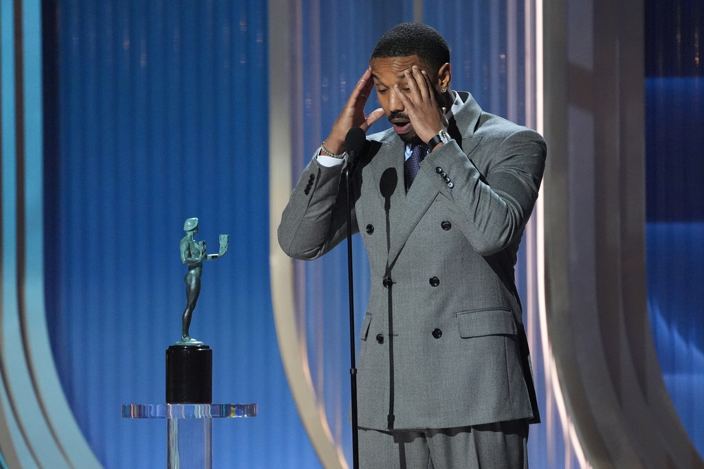 Michael B. Jordan accepts the award for outstanding performance by a male actor in a leading role for "Sinners" during the 32nd Annual Actor Awards on Sunday, March 1, 2026, at the Shrine Auditorium and Expo Hall in Los Angeles. (AP Photo/Chris Pizzello)