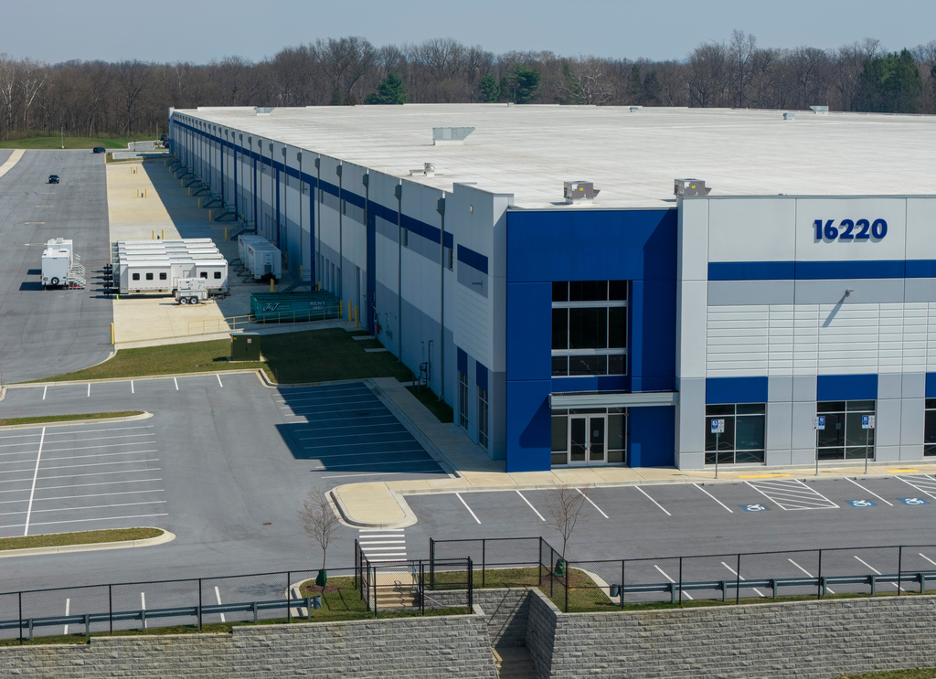 A trailers outside a proposed ICE detention center in a small community in western Maryland known as a destination for weekend bicyclists and Civil War history buffs in Williamsport, Md., Thursday, March 26, 2026. (AP Photo/Steve Helber)