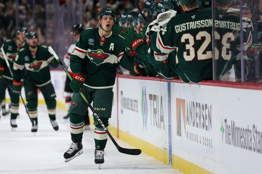 Minnesota Wild center Joel Eriksson Ek (14) celebrates his goal against the Ottawa Senators during the third period of an NHL hockey game Saturday, Dec. 13, 2025, in St. Paul, Minn. (AP Photo/Matt Krohn)