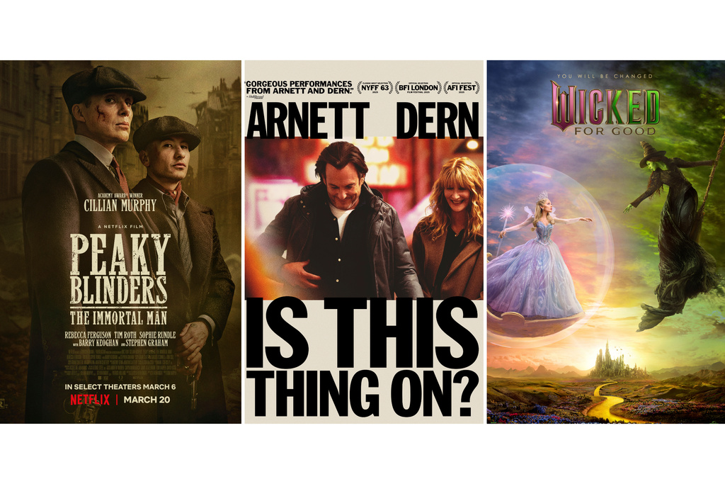 This combination of photos show promotional art for the films "Peaky Blinders: The Immortal Man," from left, "Is This Thing On?" and "Wicked for Good." (Netflix/Searchlight Pictures/Universal Pictures via AP)