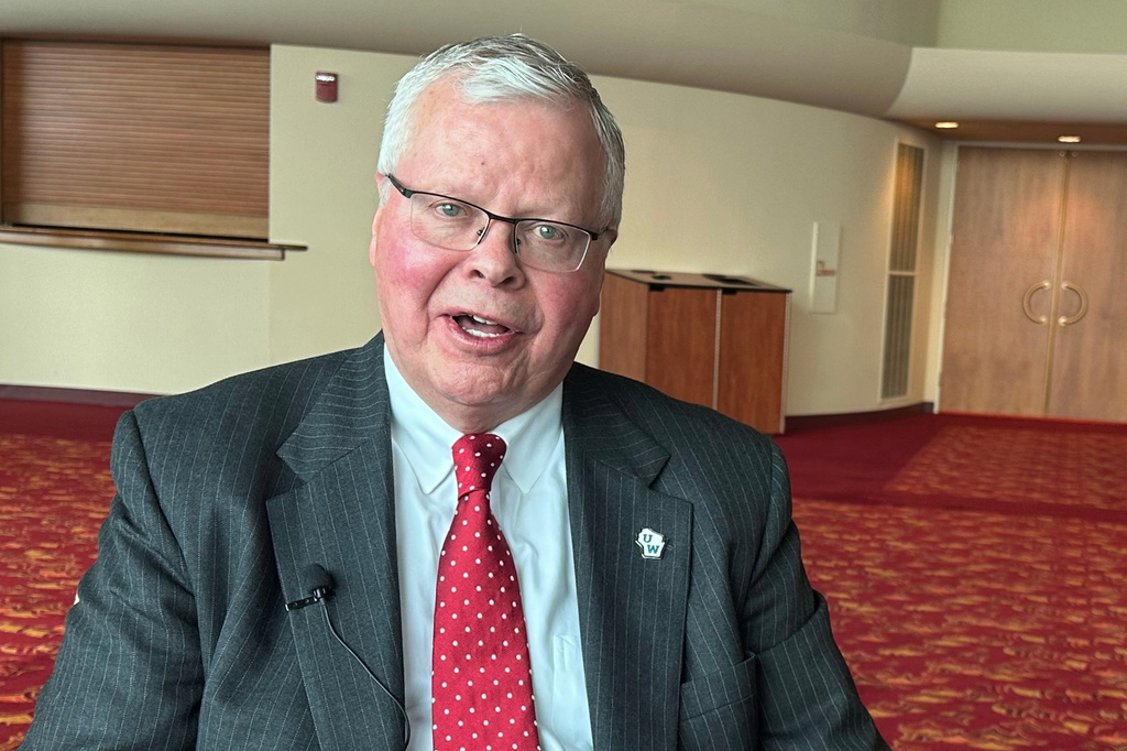 Fired Universities of Wisconsin President Jay Rothman speaks during an interview with The Associated Press on Wednesday, April 8, 2026, in Madison, Wis. (AP Photo/Scott Bauer)