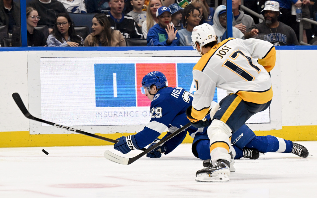 Tampa Bay Lightning right wing Pontus Holmberg (29) and Nashville Predators center Tyson Jost (17) battle or the puck during the second period of an NHL hockey game, Sunday, March 29, 2026, in Tampa, Fla. (AP Photo/Jason Behnken)