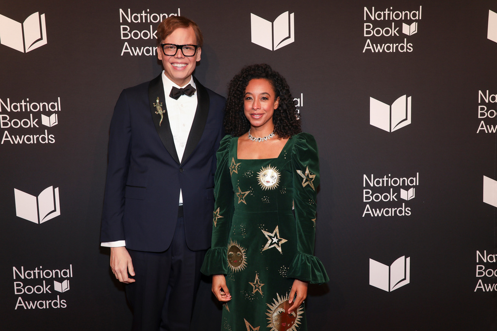 Actor Jeff Hiller, left, and singer-songwriter Corinne Bailey Rae attend the 76th National Book Awards ceremony at Cipriani Wall Street on Wednesday, Nov. 19, 2025, in New York. (Photo by Andy Kropa/Invision/AP)