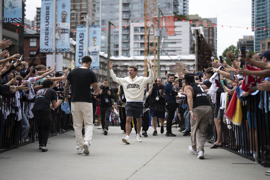 Vancouver Whitecaps' Thomas Muller arrives before an MLS soccer match against Houston Dynamo in Vancouver, British Columbia, Sunday, Aug. 17, 2025. (Ethan Cairns/The Canadian Press via AP)