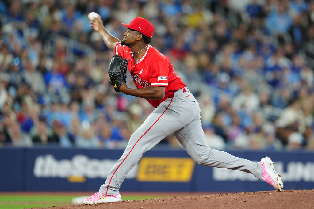 Los Angeles Angels pitcher José Soriano throws against the Toronto Blue Jays during first-inning baseball game action in Toronto, Sunday, May 10, 2026. (Frank Gunn/The Canadian Press via AP)