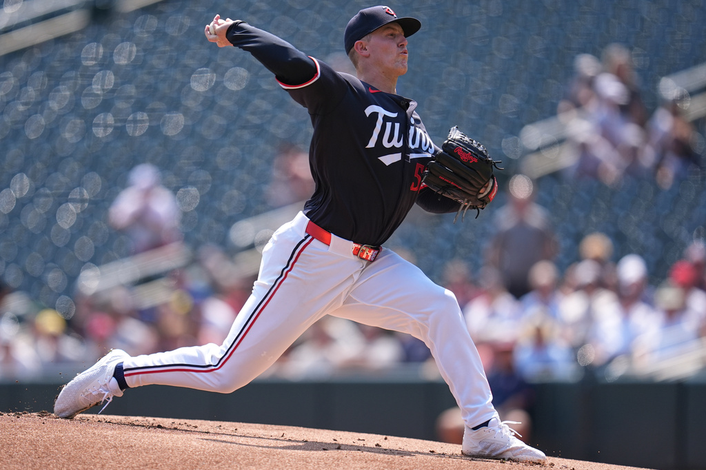 Minnesota Twins starting pitcher Zebby Matthews (52) delivers during the first inning of a baseball game against the Baltimore Orioles Wednesday, Aug. 12, 2026, in Minneapolis. (AP Photo/Abbie Parr)