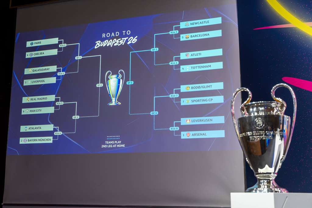 The group formations are shown on an electronic panel next to the Champions League trophy after drawing the UEFA Champions League round of 16, quarter-final, semi-final and final, at the UEFA headquarters in Nyon, Switzerland, Friday, Feb. 27, 2026. (Martial Trezzini/Keystone via AP)
