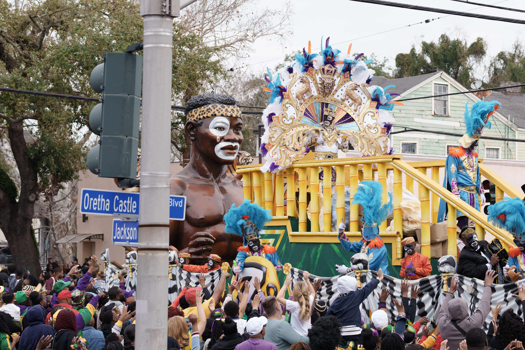 Zulu King Dr. Ron Tassin parades on Mardi Gras Day, Tuesday, Feb. 17, 2026 in New Orleans. (AP Photo/Matthew Hinton)