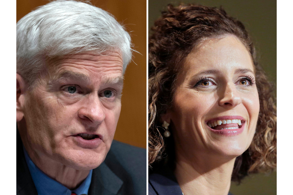 FILE - This photo combination shows Sen. Bill Cassidy, R-La., left, in Washington, Sept. 17, 2025 and Julia Letlow in Baton Rouge, La., Jan. 21, 2021. (AP Photo/Jose Luis Magana, Brett Duke, File)