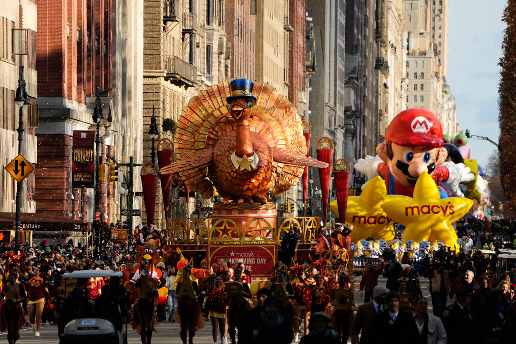 The Tom Turkey float makes its way down Central Park West to kick off the Macy's Thanksgiving Day Parade, Thursday, Nov. 27, 2025, in New York. (AP Photo/Eduardo Munoz Alvarez)