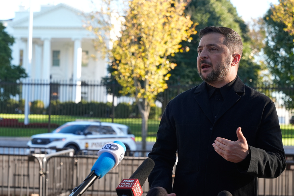Ukraine's President Volodymyr Zelenskyy speaks to reporters in Lafayette Park across the street from the White House, following a meeting with President Donald Trump, Friday, Oct. 17, 2025, in Washington. (AP Photo/Manuel Balce Ceneta)