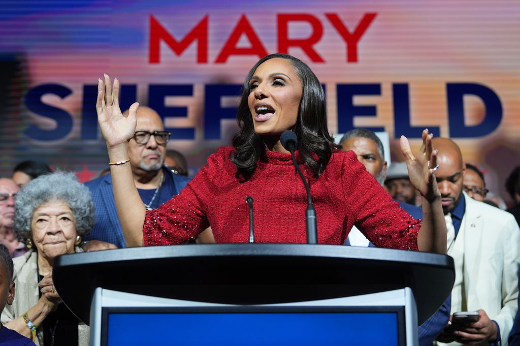 City Council President Mary Sheffield speaks during an election night watch party after winning the mayoral race on Tuesday, Nov. 4, 2025, in Detroit. (AP Photo/Paul Sancya)