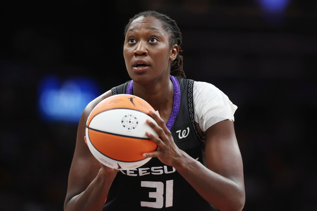 Connecticut Sun's Tina Charles plays against the Indiana Fever during the second half of a WNBA basketball game, July 15, 2025, in Boston. (AP Photo/Michael Dwyer, File)