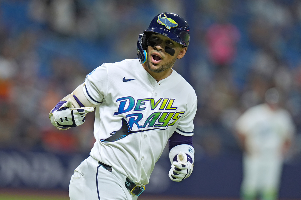 Tampa Bay Rays' Victor Mesa Jr. reacts after his solo home run off Houston Astros pitcher Ethan Pecko during the fifth inning of a baseball game Friday, Sept. 11, 2026, in St. Petersburg, Fla. (AP Photo/Chris O'Meara)
