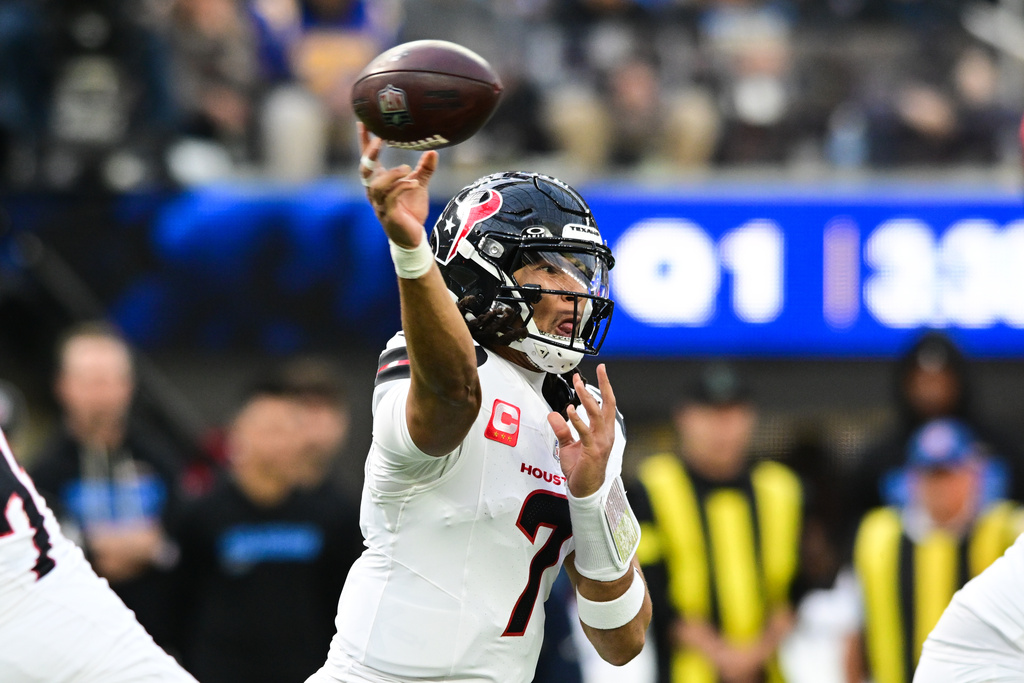 Houston Texans quarterback C.J. Stroud (7) throws a pass during the first half of an NFL football game against the Los Angeles Chargers Saturday, Dec. 27, 2025, in Inglewood, Calif. (AP Photo/Wally Skalij)