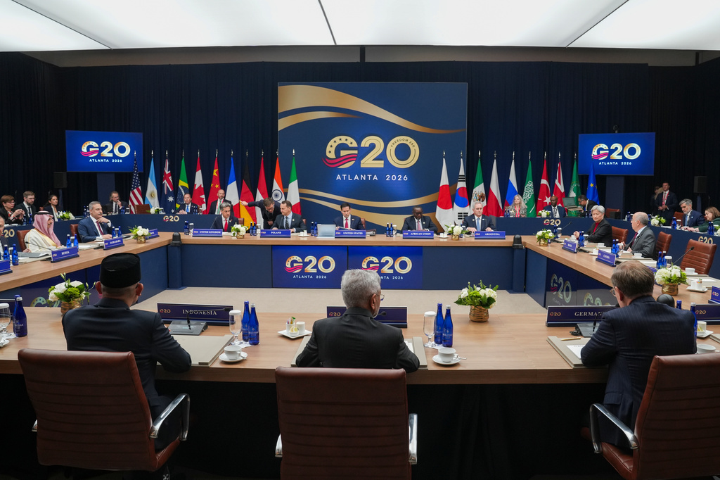 Saudi Arabia's Foreign Minister Faisal bin Farhan, Turkey's Foreign Minister Hakan Fidan, Britain's Foreign Secretary Ed Miliband, Poland's Foreign Minister Radoslaw Sikorski, Secretary of State Marco Rubio, Chair of the African Union Executive Council Edouard Bizimana and others attend the G20 Foreign Ministers Meeting in Atlanta, Friday, Oct. 30, 2026. (Megan Varner/Pool Photo via AP)