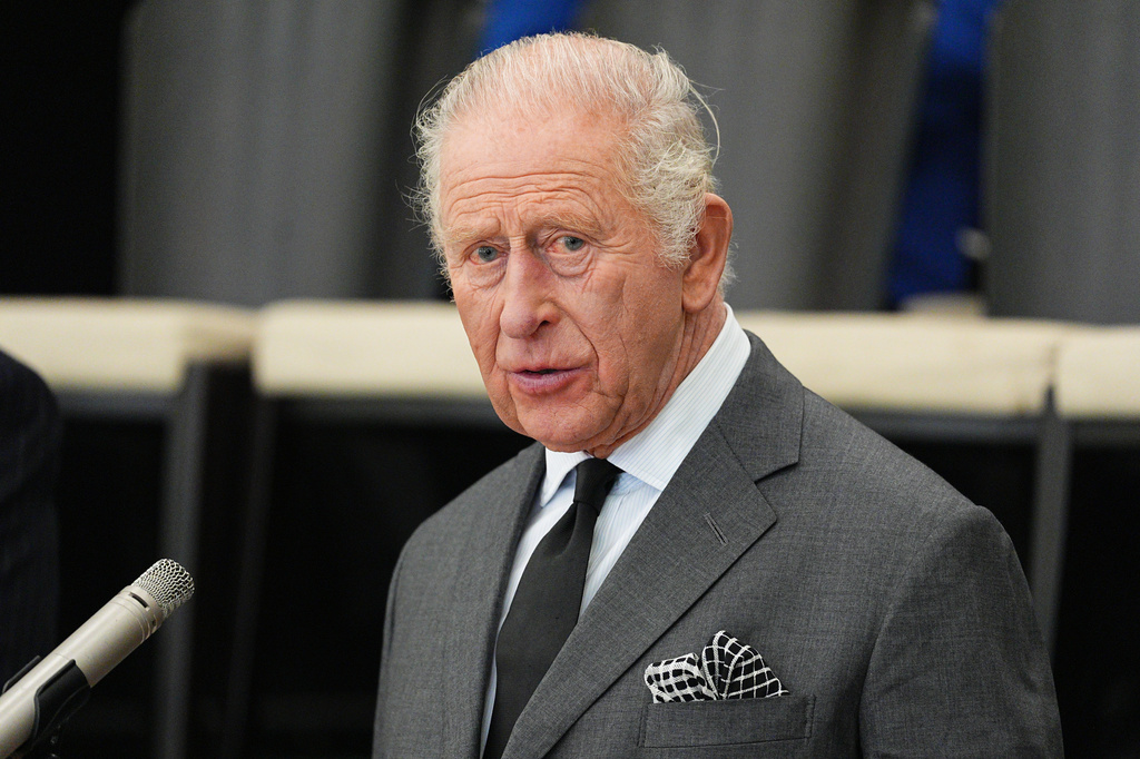 Britain's King Charles III speaks during a visit to the Aberfan and Merthyr Vale Community Centre in Aberfan, Wales, Wednesday, Oct. 21, 2026. (Aaron Chown/PA via AP, Pool)