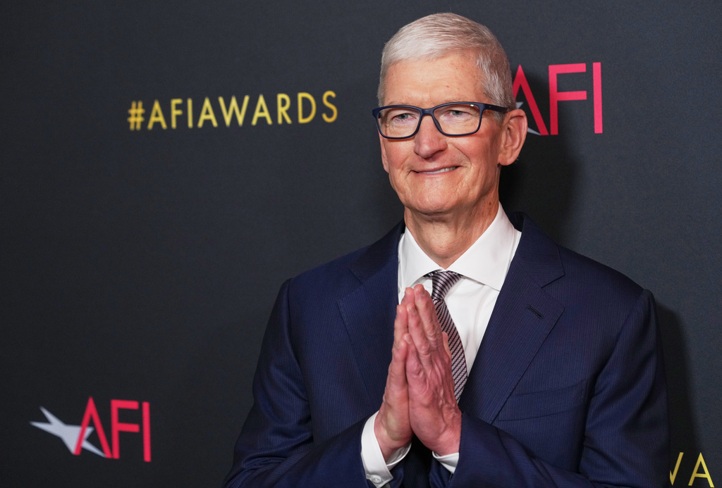 FILE - Apple Inc. CEO Tim Cook arrives at the AFI Awards on Friday, Jan. 9, 2026, at the Four Seasons in Los Angeles. (AP Photo/Chris Pizzello, File)