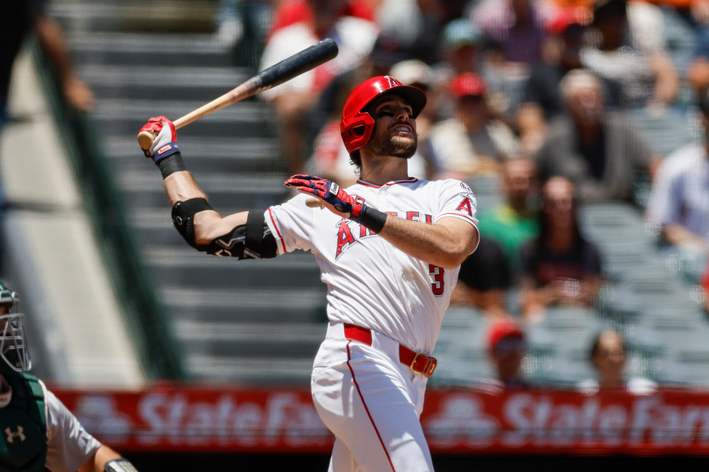 Los Angeles Angels' Josh Lowe watches his grand slam during the second inning of a baseball game against the Athletics, Sunday, June 28, 2026, in Anaheim, Calif. (AP Photo/Caroline Brehman)