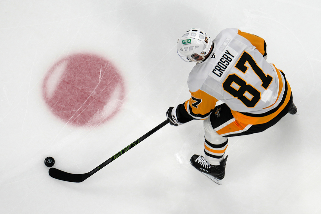 Pittsburgh Penguins center Sidney Crosby attends warmups before an NHL hockey game against the Columbus Blue Jackets, Friday, Nov. 28, 2025, in Columbus, Ohio. (AP Photo/Carolyn Kaster)