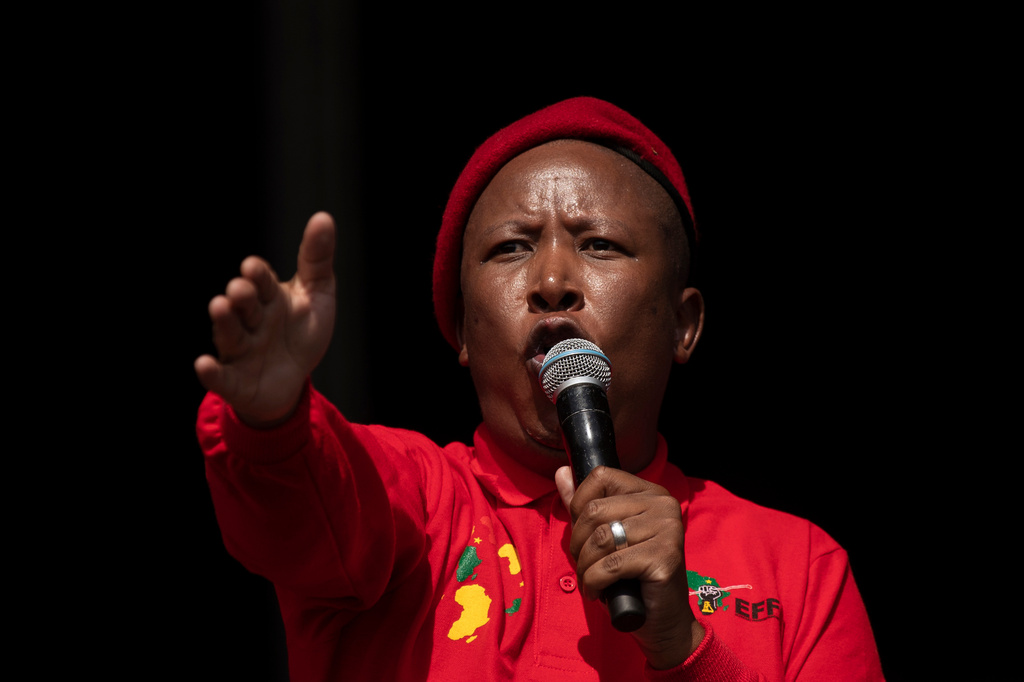 FILE - Julius Malema, the leader of Economic Freedom Fighters, addresses supporters during an election rally in Katlehong township, east of Johannesburg, Friday, Oct. 29, 2021. (AP Photo/Themba Hadebe, File)