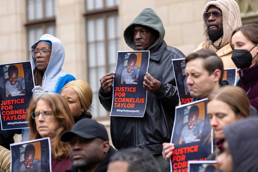 FILE - Family members and activists protest the death of Cornelius Taylor, an unhoused man killed when the city cleared an encampment last week, in front of City Hall in Atlanta, Jan. 23, 2025. (Arvin Temkar/Atlanta Journal-Constitution via AP, File)