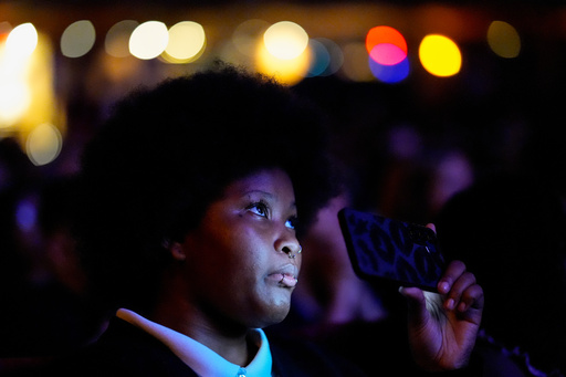 A woman listens to former Vice President Kamala Harris speak, Friday, Oct. 17, 2025, in Birmingham, Ala. (AP Photo/Mike Stewart) A woman listens to former Vice President Kamala Harris speak, Friday, Oct. 17, 2025, in Birmingham, Ala. (AP Photo/Mike Stewart)