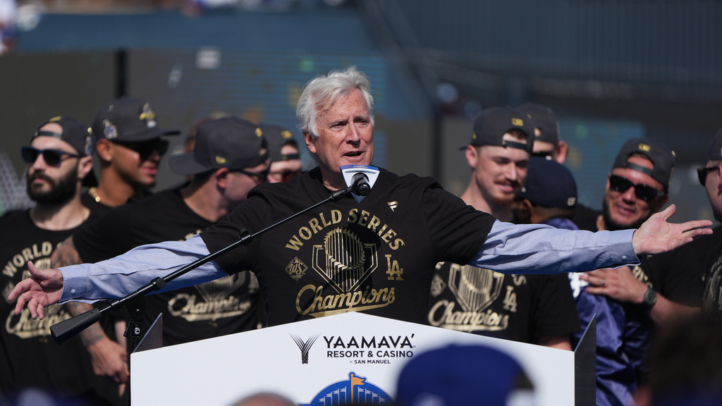 Los Angeles Dodgers owner Mark Walter speaks during a celebration of the baseball team's World Series win at Dodger Stadium on Monday, Nov. 3, 2025, in Los Angeles. (AP Photo/Gregory Bull)