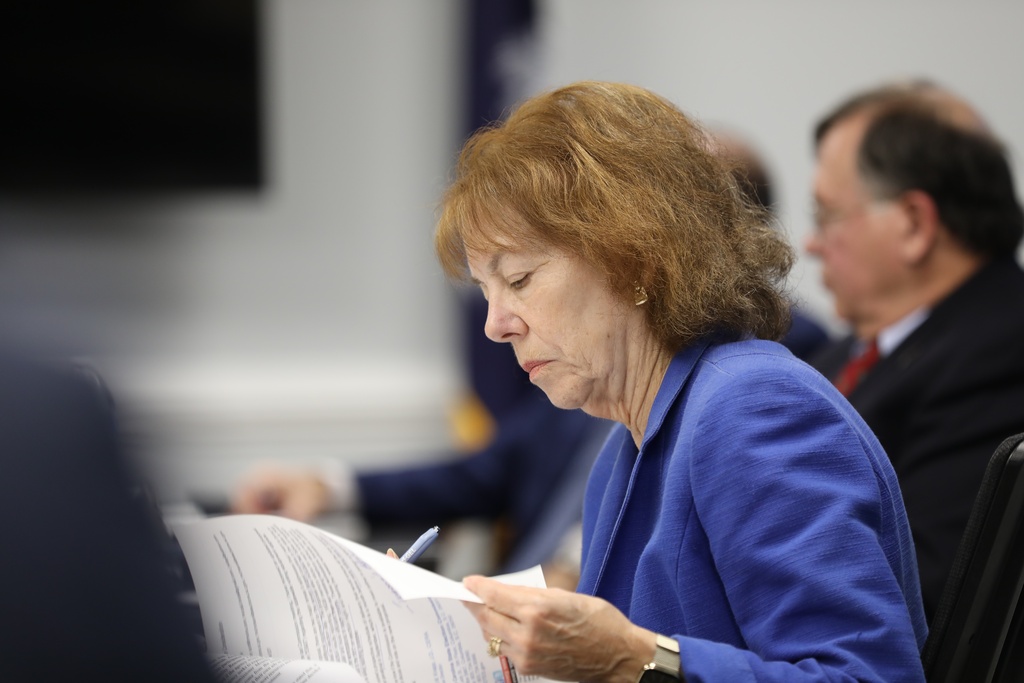 South Carolina Election Commission member Joanne Day looks through paperwork at the commission's meeting on Wednesday, Oct. 15, 2025, in Columbia, S.C. (AP Photo/Jeffrey Collins)