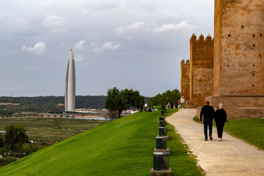 A view of the Mohammed VI tower, the tallest tower in Morocco and one of the tallest in Africa, after its opening, in Sale, Morocco, Thursday, April 23, 2026. (AP Photo)