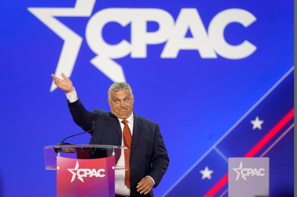 FILE - Hungarian Prime Minister Viktor Orban waves has he walks onto stage to speak at the Conservative Political Action Conference (CPAC) in Dallas, Thursday, Aug. 4, 2022. (AP Photo/LM Otero,File)