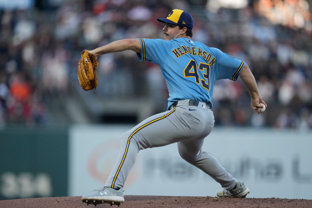 Milwaukee Brewers pitcher Logan Henderson throws against the San Francisco Giants during the first inning of a baseball game, Tuesday, July 28, 2026, in San Francisco. (AP Photo/Jeff Chiu)