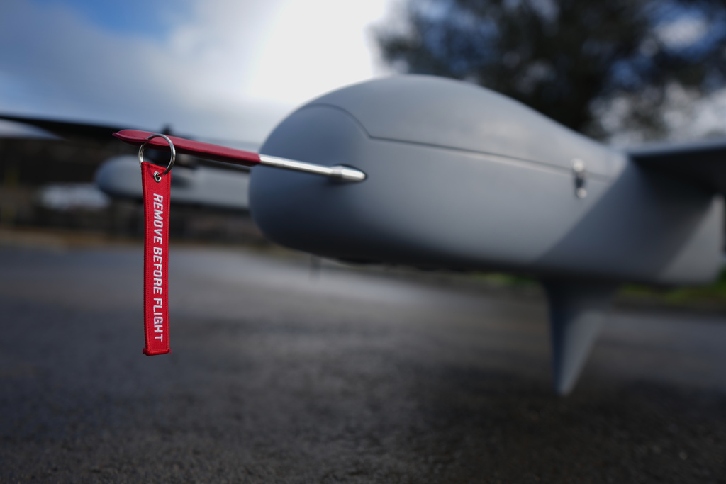 A H-10 Poseidon drone is seen at a military camp in Mosfiloti village in Nicosia district, Cyprus, Monday, Jan. 12, 2026. (AP Photo/Petros Karadjias)