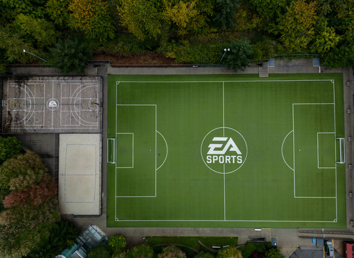 The EA Sports logo is seen on a soccer pitch at the Electronic Arts' office and studio complex, in Burnaby, British Columbia, Monday, Sept. 29, 2025. (Darryl Dyck/The Canadian Press via AP) The EA Sports logo is seen on a soccer pitch at the Electronic Arts' office and studio complex, in Burnaby, British Columbia, Monday, Sept. 29, 2025. (Darryl Dyck/The Canadian Press via AP)