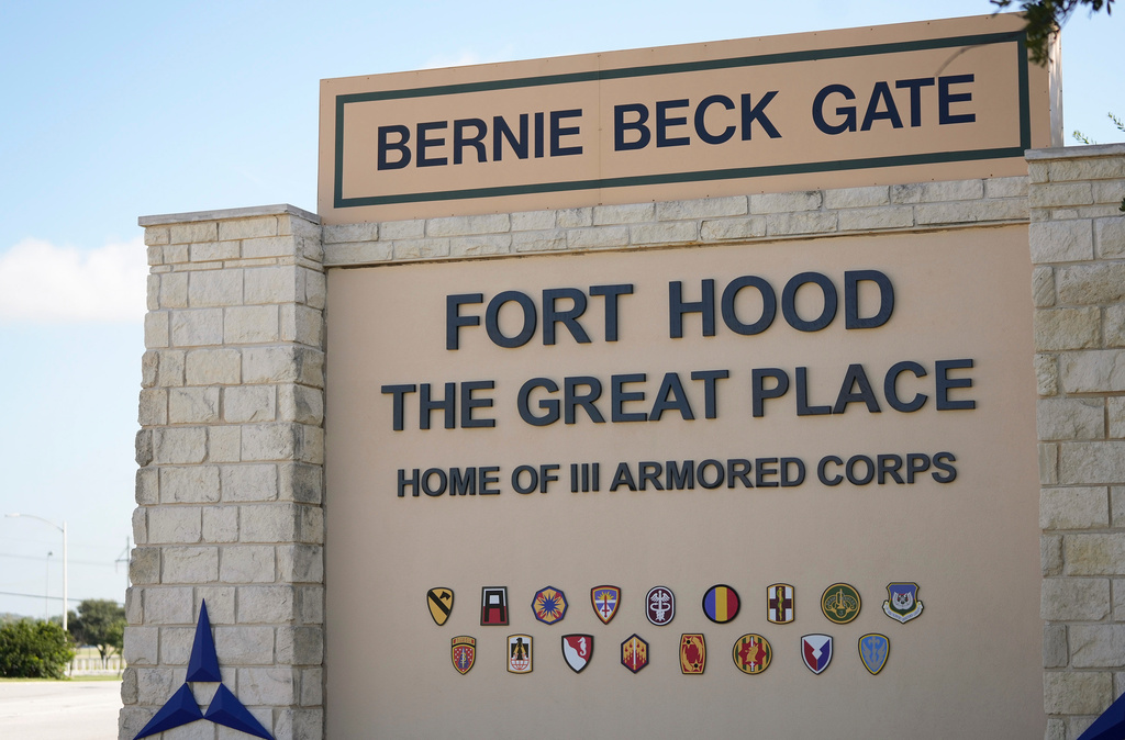 FILE - The sign at the main entrance at Fort Hood near Killeen, Texas, July 28, 2025. (Jay Janner/Austin American-Statesman via AP, File)