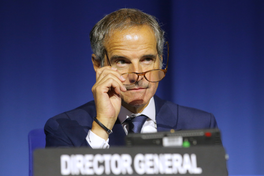 IAEA Director General Rafael Grossi watches from the podium during the annual General Conference of the International Atomic Energy Agency (IAEA) in Vienna, Austria, Monday, Sept. 14, 2026. (AP Photo/Heinz-Peter Bader)