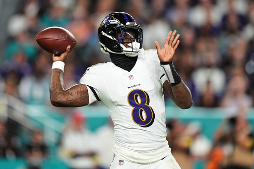 Baltimore Ravens quarterback Lamar Jackson (8) throws against the Miami Dolphins during the first half of an NFL football game, Thursday, Oct. 30, 2025, in Miami Gardens, Fla. (AP Photo/Rebecca Blackwell) Baltimore Ravens quarterback Lamar Jackson (8) throws against the Miami Dolphins during the first half of an NFL football game, Thursday, Oct. 30, 2025, in Miami Gardens, Fla. (AP Photo/Rebecca Blackwell)