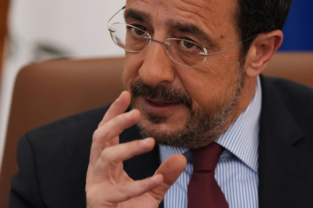 Cypriot President Nikos Christodoulides gestures as he speaks during an Associated Press interview ahead of this week's major EU-Middle East summit, at the presidential palace in the capital Nicosia, Cyprus, Tuesday, April 21, 2026. (AP Photo/Petros Karadjias)