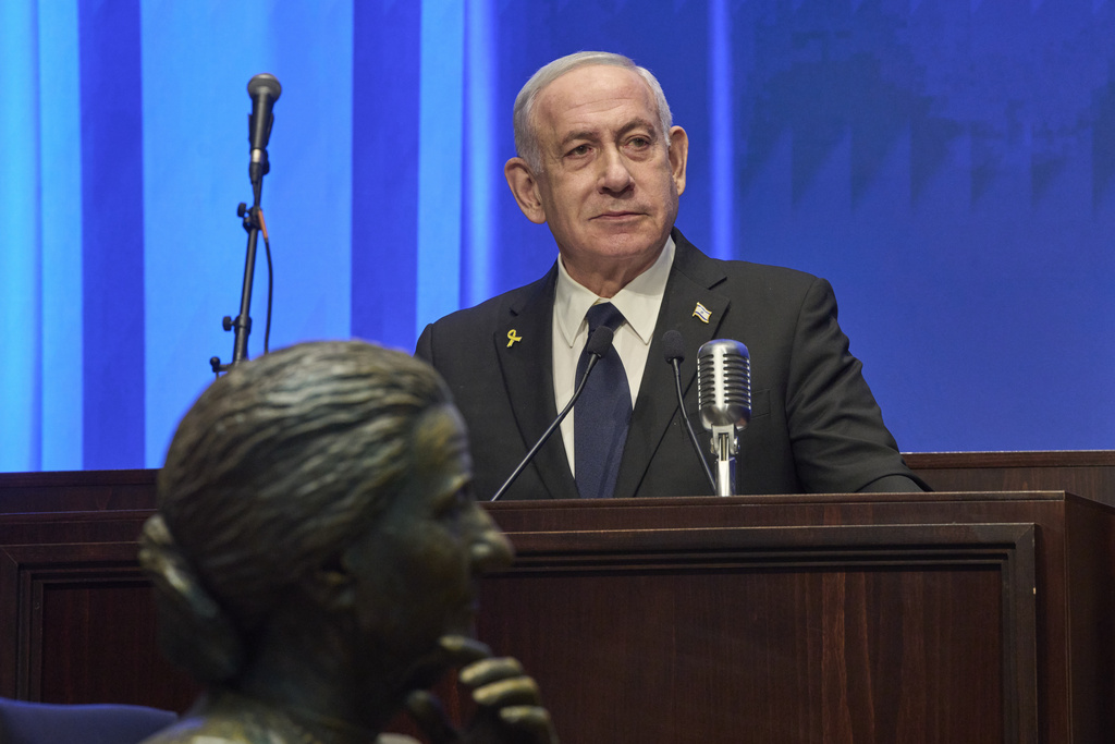 Israeli Prime Minister Benjamin Netanyahu speaks at the opening ceremony of the Knesset Museum in the old building of the Israeli parliament, in Jerusalem, Monday, Aug.11, 2025. (AP Photo/Ohad Zwigenberg, Pool)