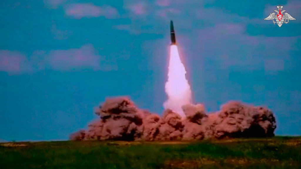In this image made from video provided by Russian Defense Ministry Press Service on Thursday, May 21, 2026, an Iskander missile is launched by a Belarusian crew from the Kapustin Yar firing range in Russia, during joint nuclear drills conducted by Russian and Belarusian militaries. (Russian Defense Ministry Press Service via AP)