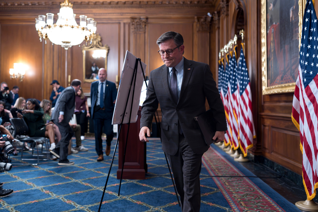 Speaker of the House Mike Johnson, R-La., leaves after holding a news conference on the 6th day of the government shutdown, at the Capitol in Washington, Monday, Oct. 6, 2025. Johnson is keeping the House out of session for the second week in a row during the shutdown. (AP Photo/J. Scott Applewhite)