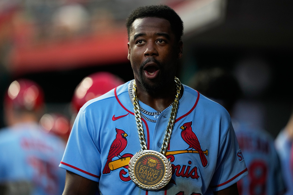 St. Louis Cardinals' Jordan Walker celebrates in the dugout after hitting a three-run homer during the sixth inning of the second baseball game of a doubleheader against the Cincinnati Reds in Cincinnati, Saturday, May 23, 2026. (AP Photo/Carolyn Kaster)