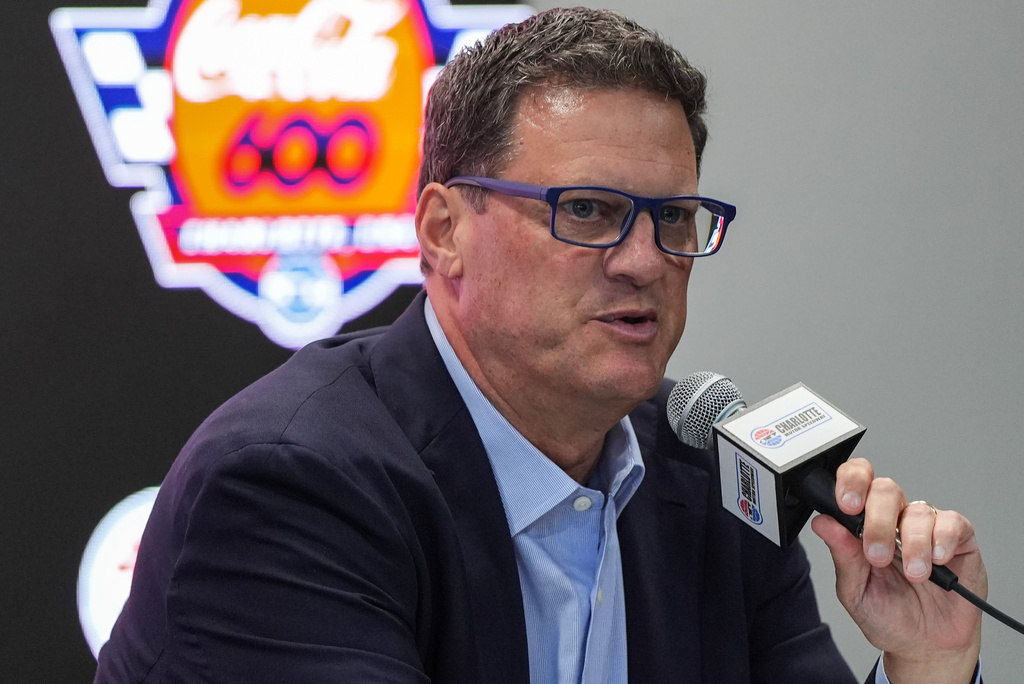 NASCAR CEO Steve O' Donnell speaks during a press conference about the passing of driver Kyle Busch, Friday, May 22, 2026, in Charlotte, N.C. (AP Photo/Matt Kelley)