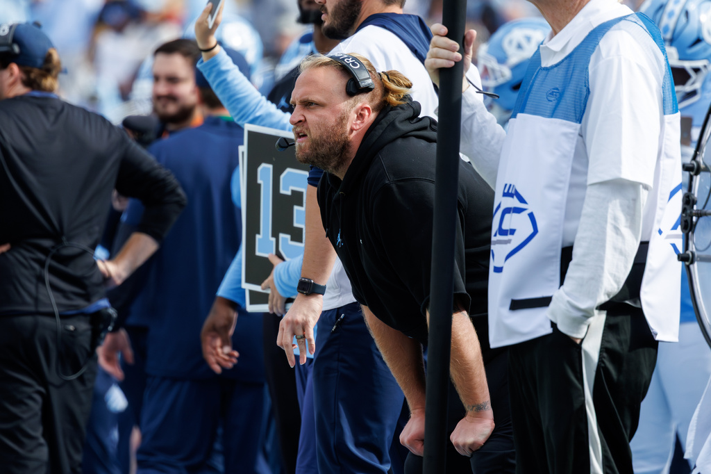 FILE - North Carolina defensive coordinator Steve Belichick looks on from the sideline during an NCAA college football game in Chapel Hill, N.C., Saturday, Oct. 25, 2025. (AP Photo/Ben McKeown, File)