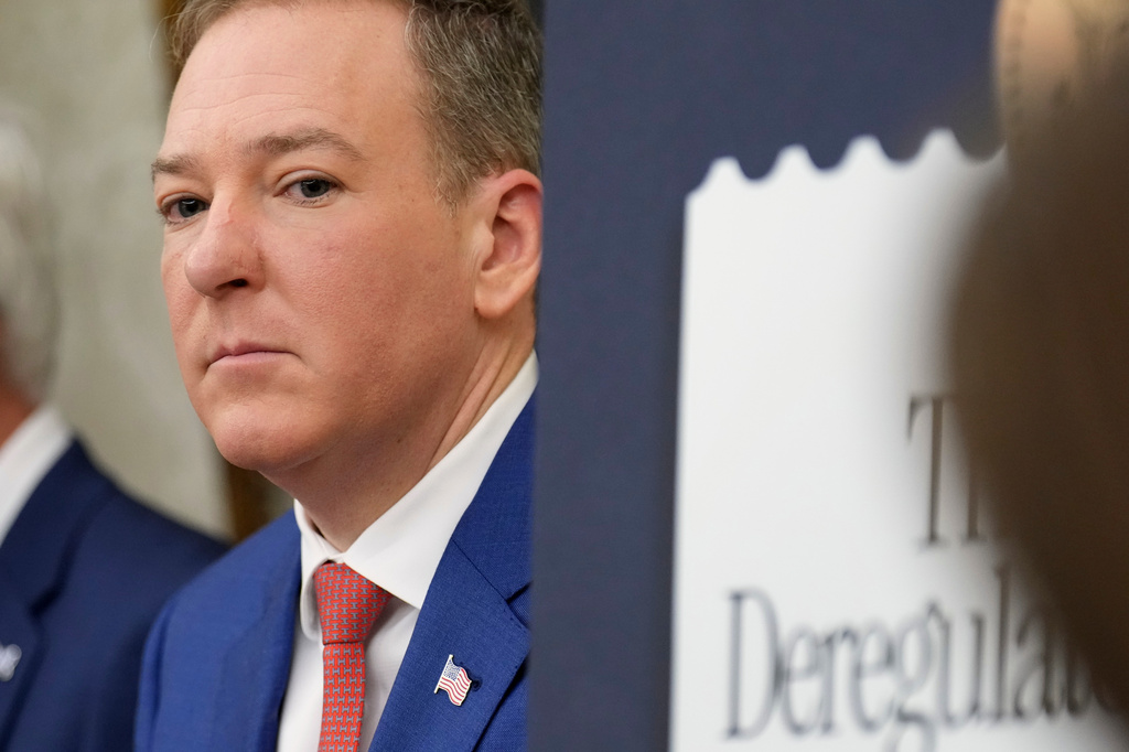 Lee Zeldin, Environmental Protection Agency administrator, listens as President speaks during an event about loosening a federal refrigerant rule, in the Oval Office at the White House, Thursday, May 21, 2026, in Washington. (AP Photo/Jacquelyn Martin)