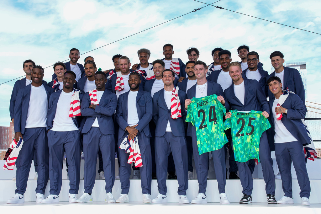 United States men's national soccer team pose after announcement of the team's roster, Tuesday, May 26, 2026, in New York, ahead of the FIFA World Cup soccer tournament. (AP Photo/Eduardo Munoz Alvarez)