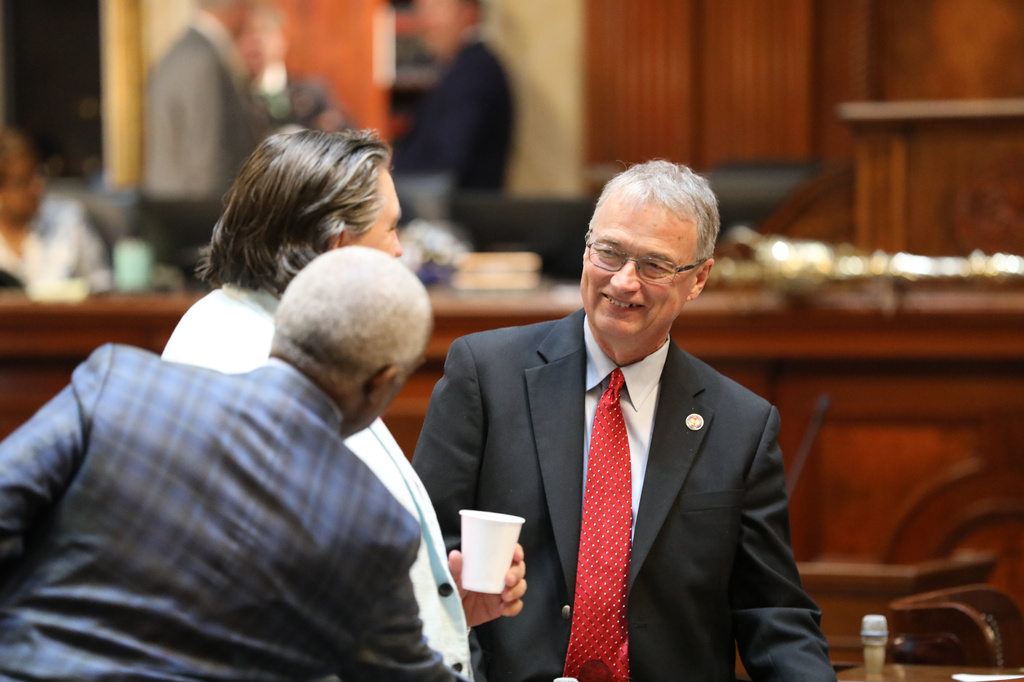 Republican South Carolina House Majority Leader Davey Hiott talks to colleagues on Thursday, May 14, 2026, in Columbia, S.C.. (AP Photo/Jeffrey Collins)