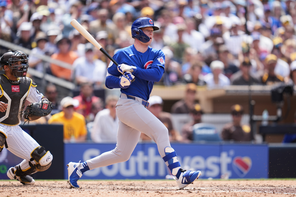 Chicago Cubs' Pete Crow-Armstrong watches his RBI groundout during the sixth inning of a baseball game against the San Diego Padres Wednesday, April 29, 2026, in San Diego. (AP Photo/Gregory Bull)