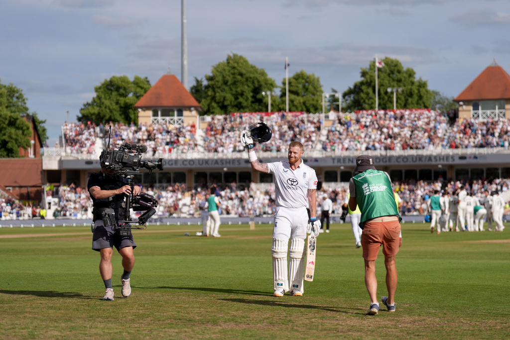 England's Ben Stokes walks off after being caught by New Zealand's Daryl Mitchell on day four of the Third cricket Test between England and New Zealand in Nottingham, England, Sunday, June 28, 2026. (Joe Giddens/PA via AP)