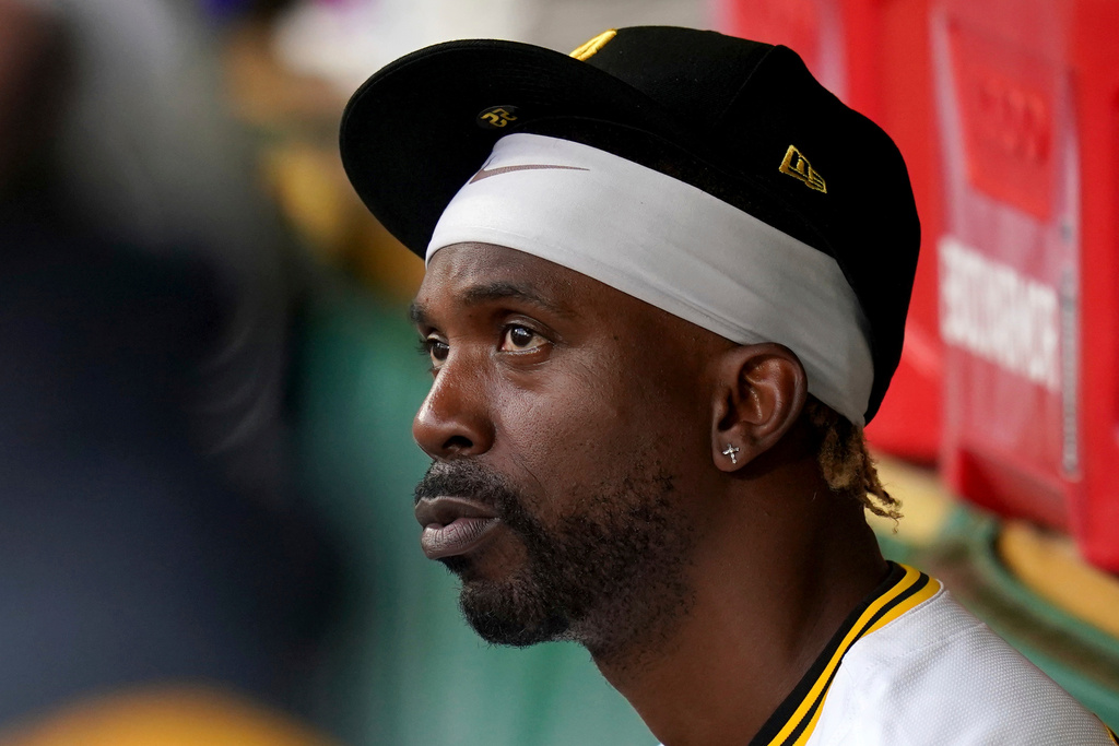 FILE - Pittsburgh Pirates' Andrew McCutchen sits in the dugout before a baseball game against the Milwaukee Brewers, Sept. 6, 2025, in Pittsburgh. (AP Photo/Matt Freed, File)